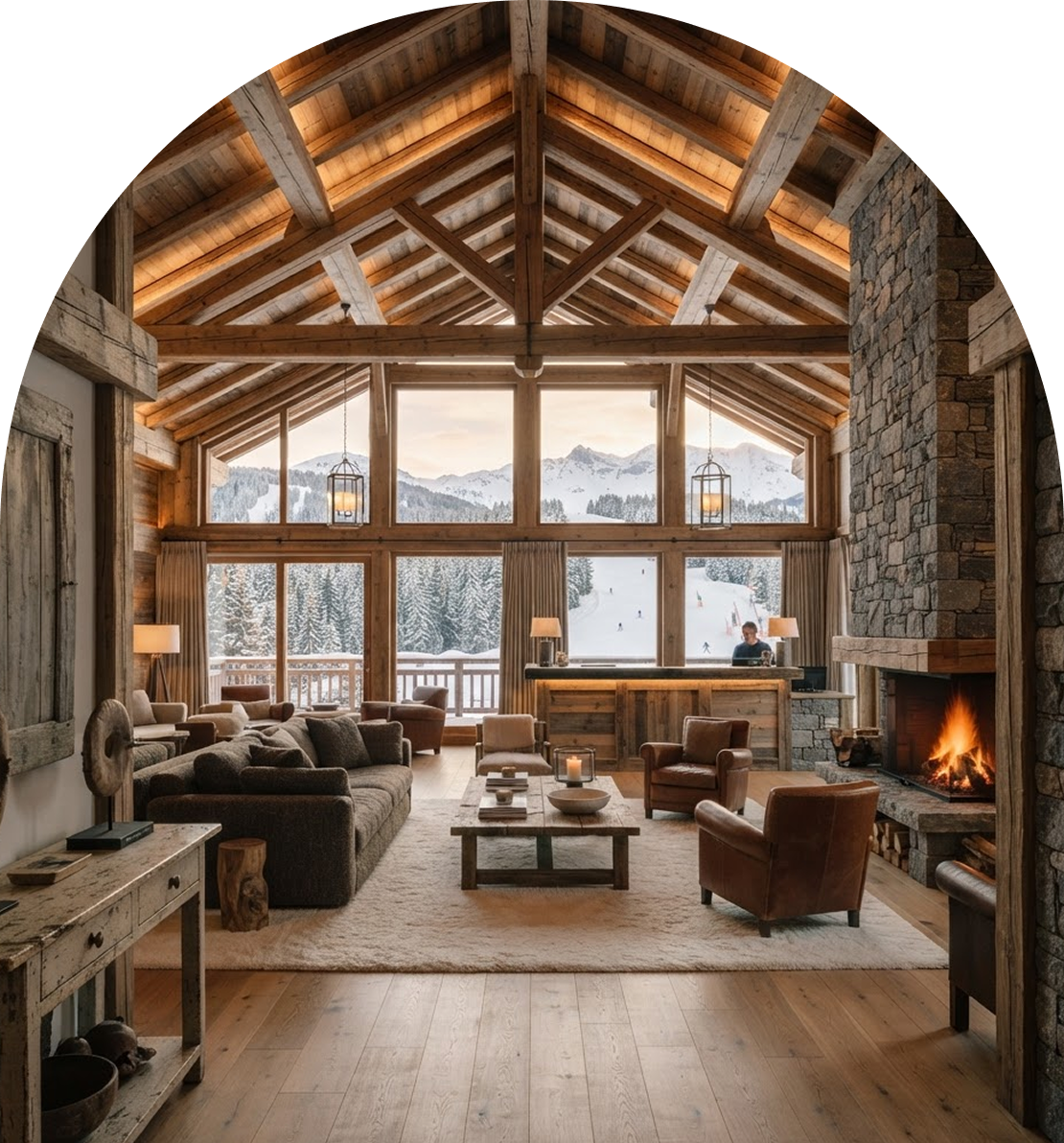 French Alps — Warm chalet hotel lobby