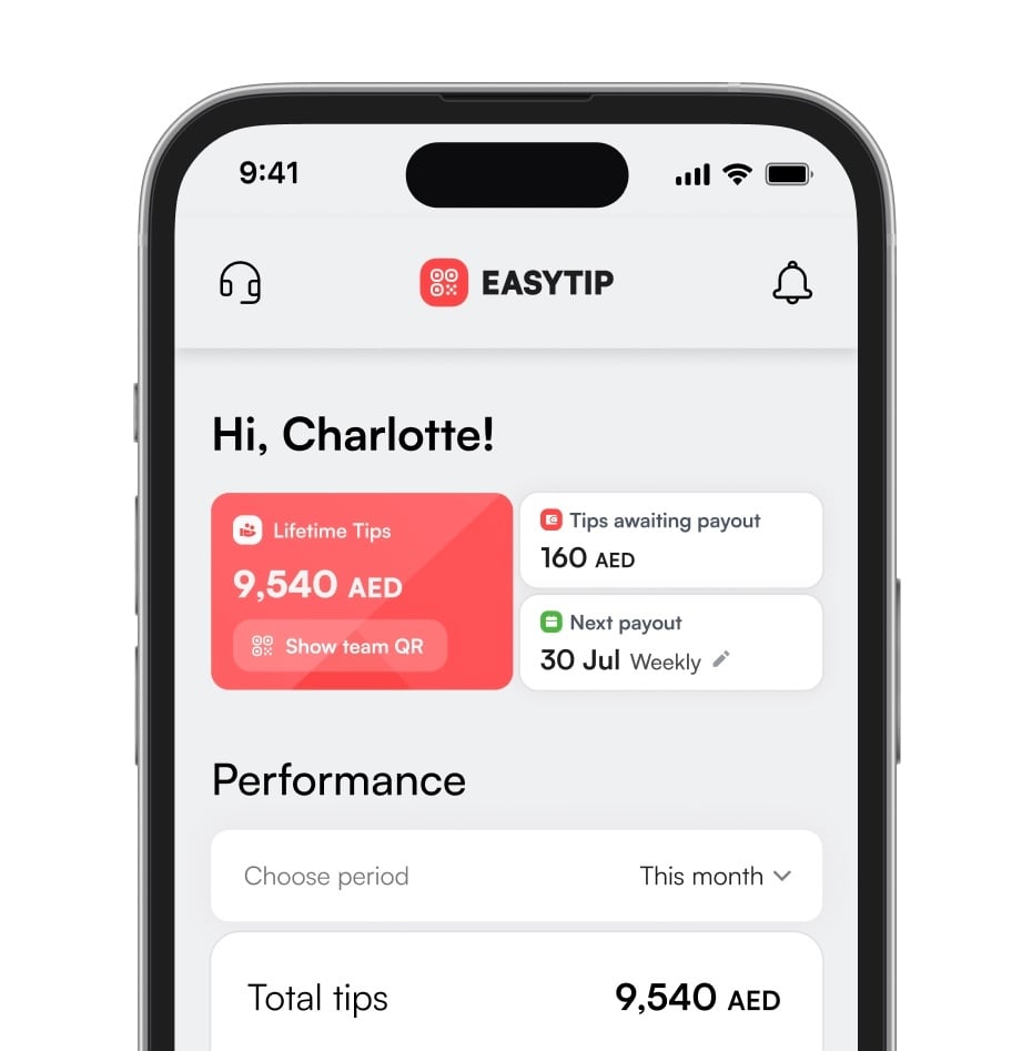 IEasyTip app notification: tips sent to a staff member's bank account in the UAE