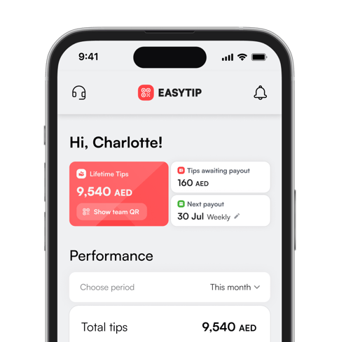 EasyTip app dashboard showing lifetime tips and next payout