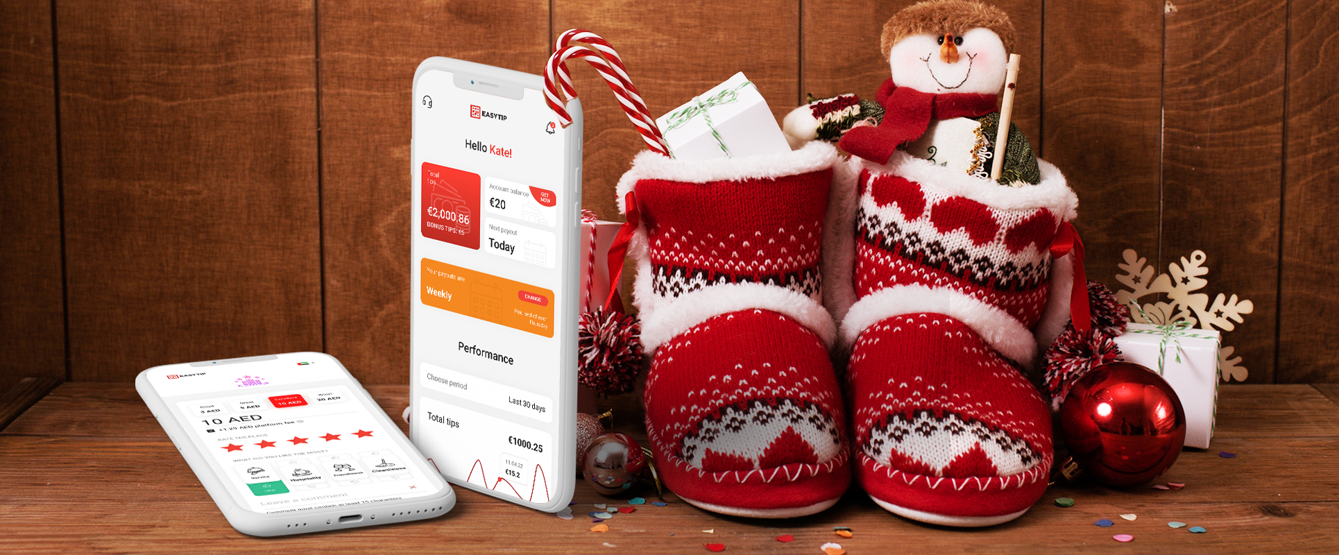 Easytips Cashless tipping app shown next to red slippers with presents in them 